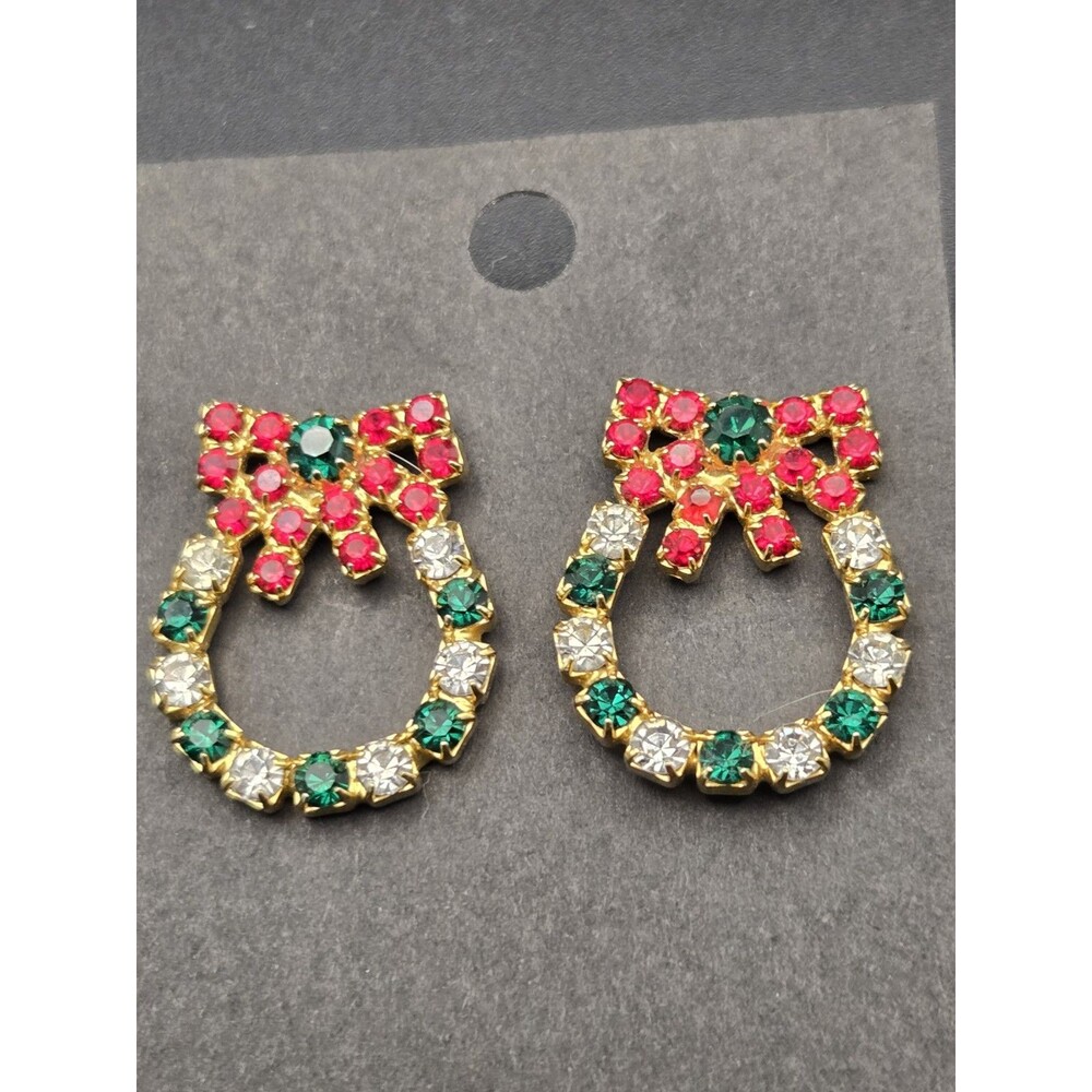 Christmas Wreath Red, White, Green Rhinestone Earrings Gold Tone
